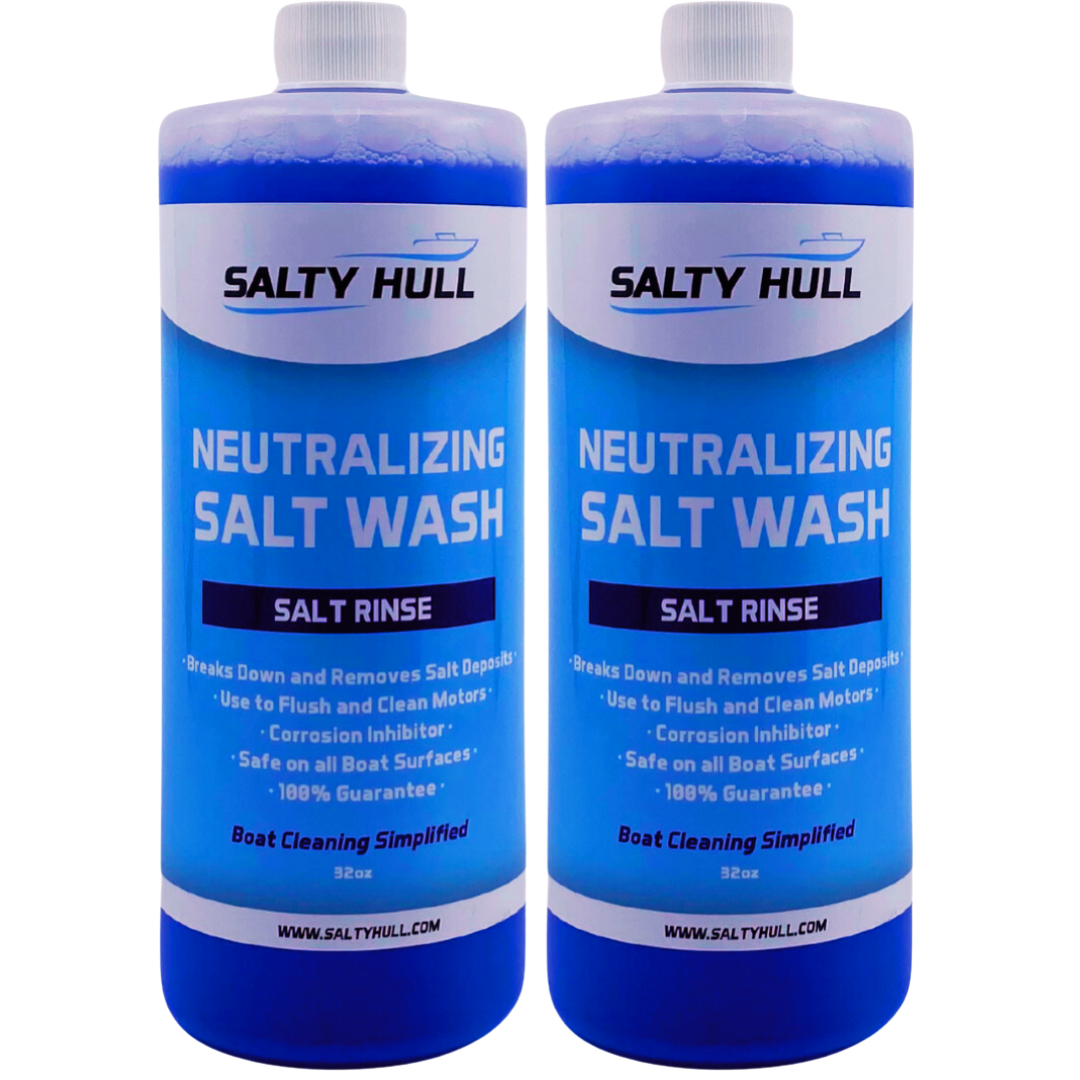 Two bottles of Salty Hull Neutralizing Salt Wash on a white background