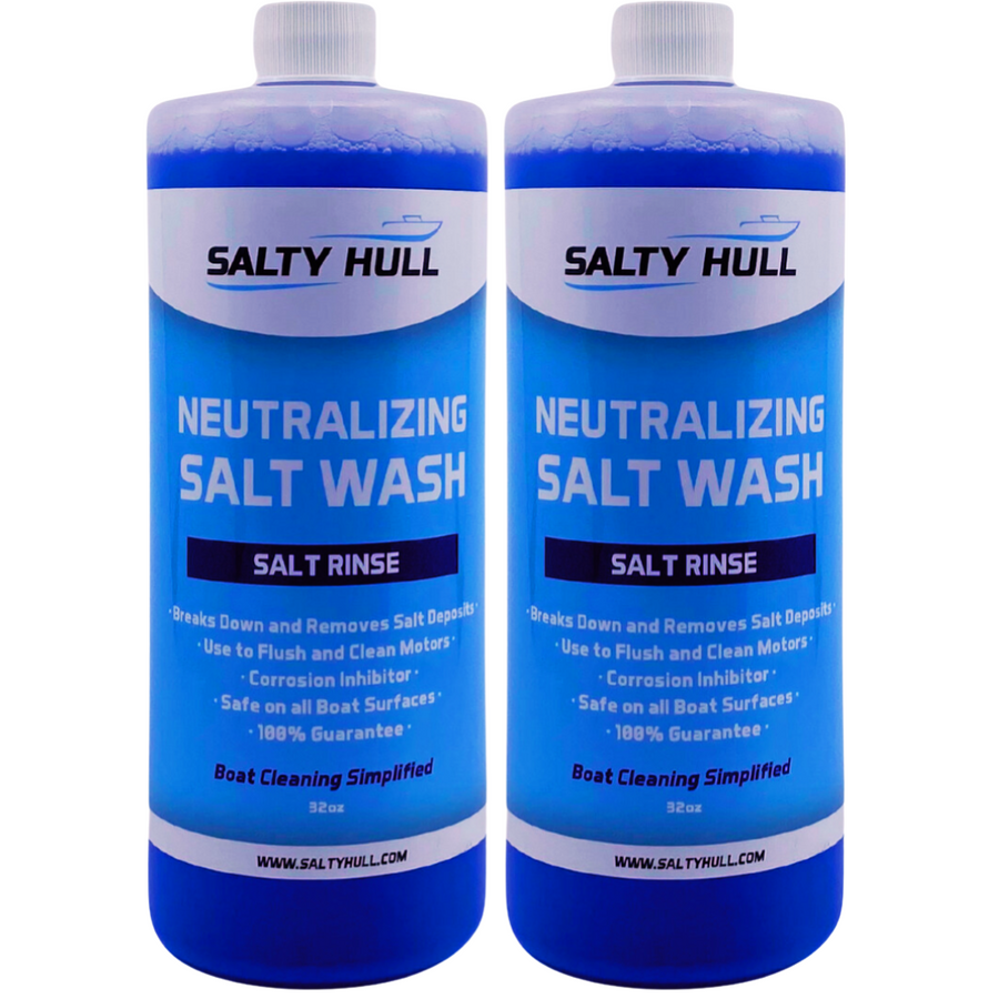 Two bottles of Salty Hull Neutralizing Salt Wash on a white background