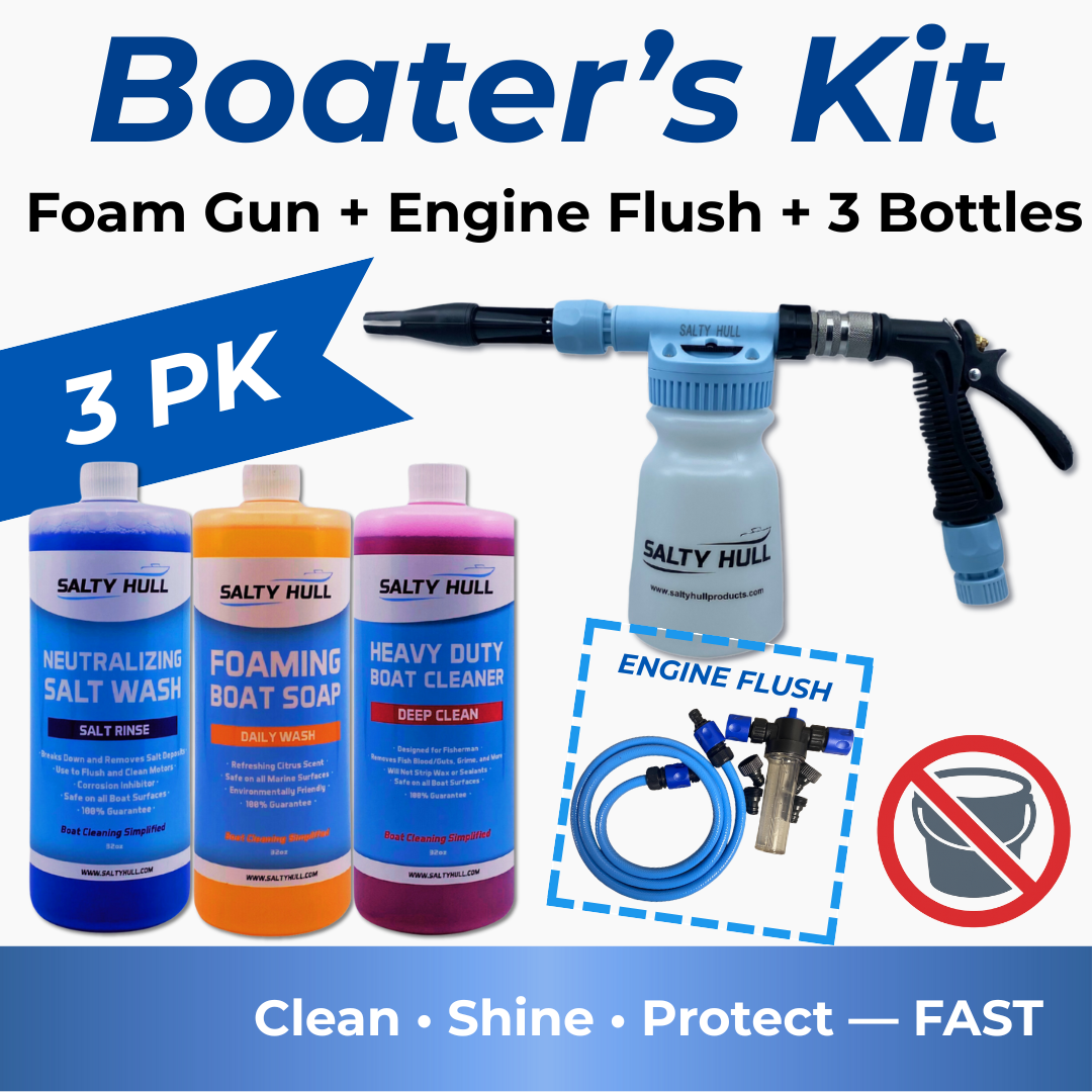 Boater's Kit with foam gun and cleaning products on a blue background