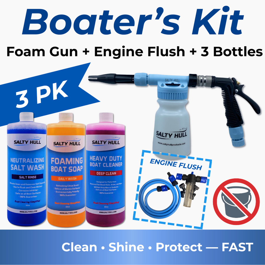 Boater's Kit with foam gun and cleaning products on a blue background