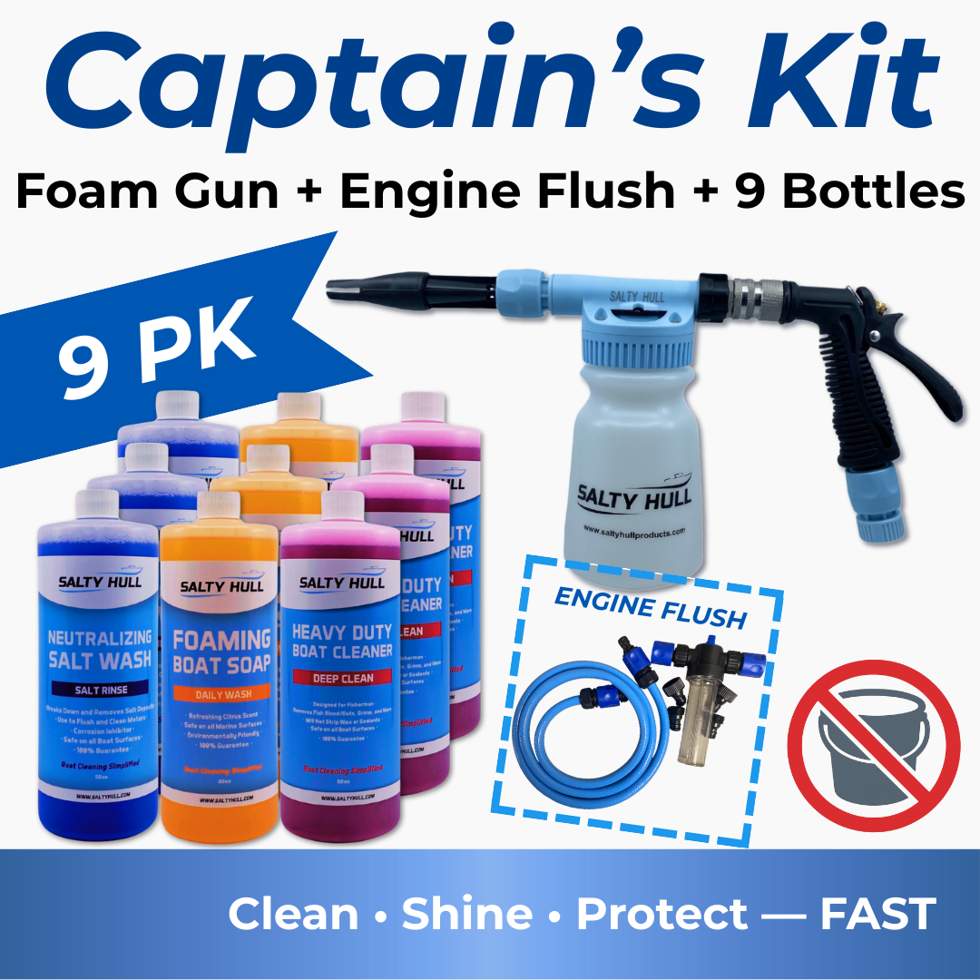 Captain's Kit with foam gun and cleaning products on a blue background