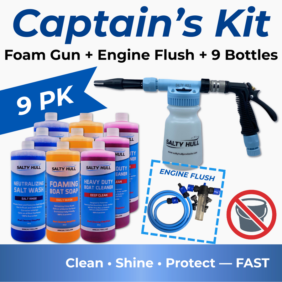 Captain's Kit with foam gun and cleaning products on a blue background