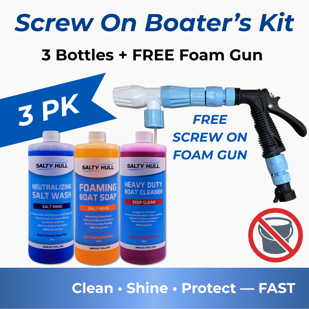 Screw On Boater's Kit with three bottles and a free foam gun on a blue background