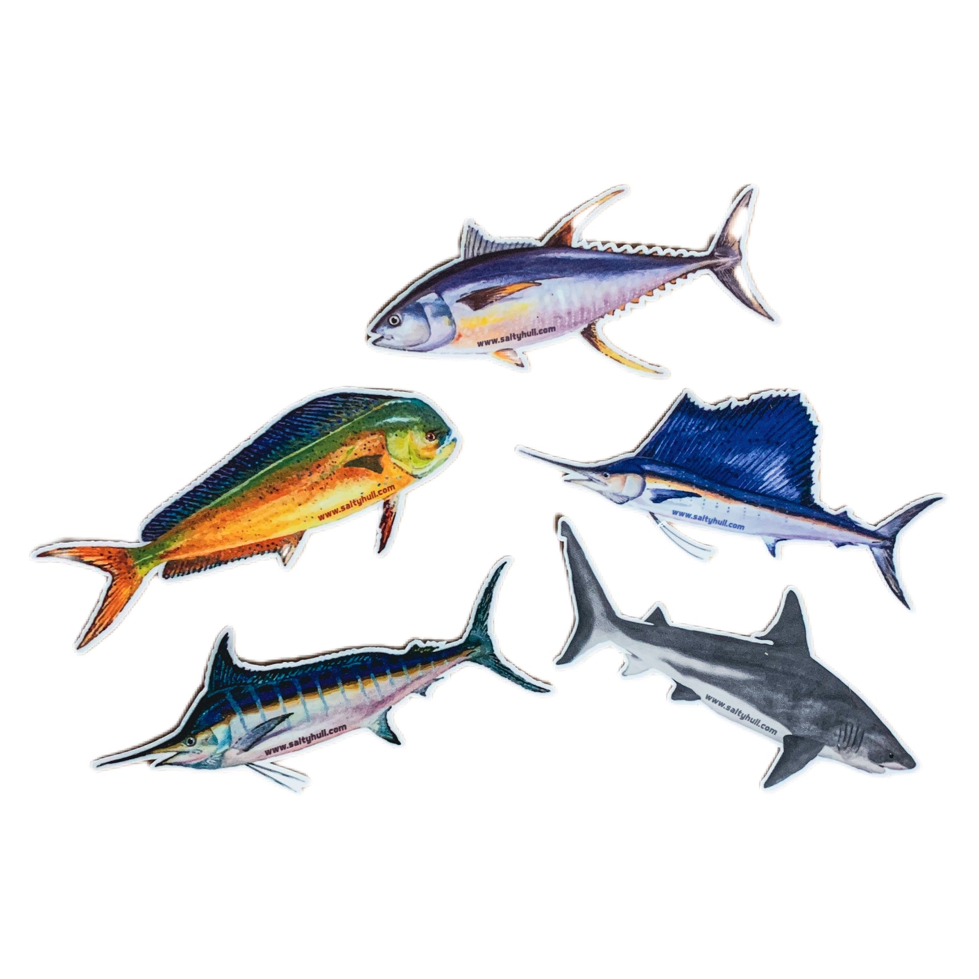 Fish Stickers (5 Pack) Yellowfin, Bull Shark, Sailfish, Mahimahi, Blue Marlin